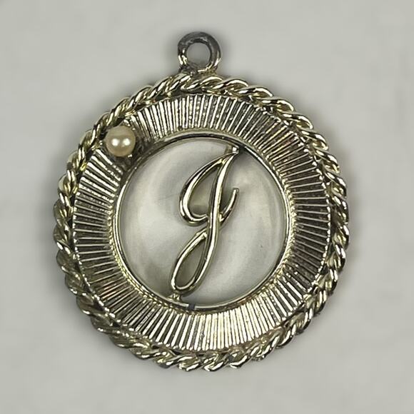 1958 Monogram J Pendant Signed House of Schrager Faux Pearl Necklace NO CHAIN - Picture 1 of 4